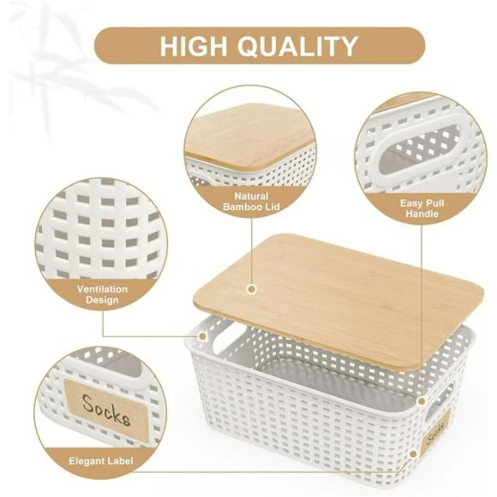 Plastic Storage Bins with Bamboo Lids 6 Pack Stackable Closet Organizer White